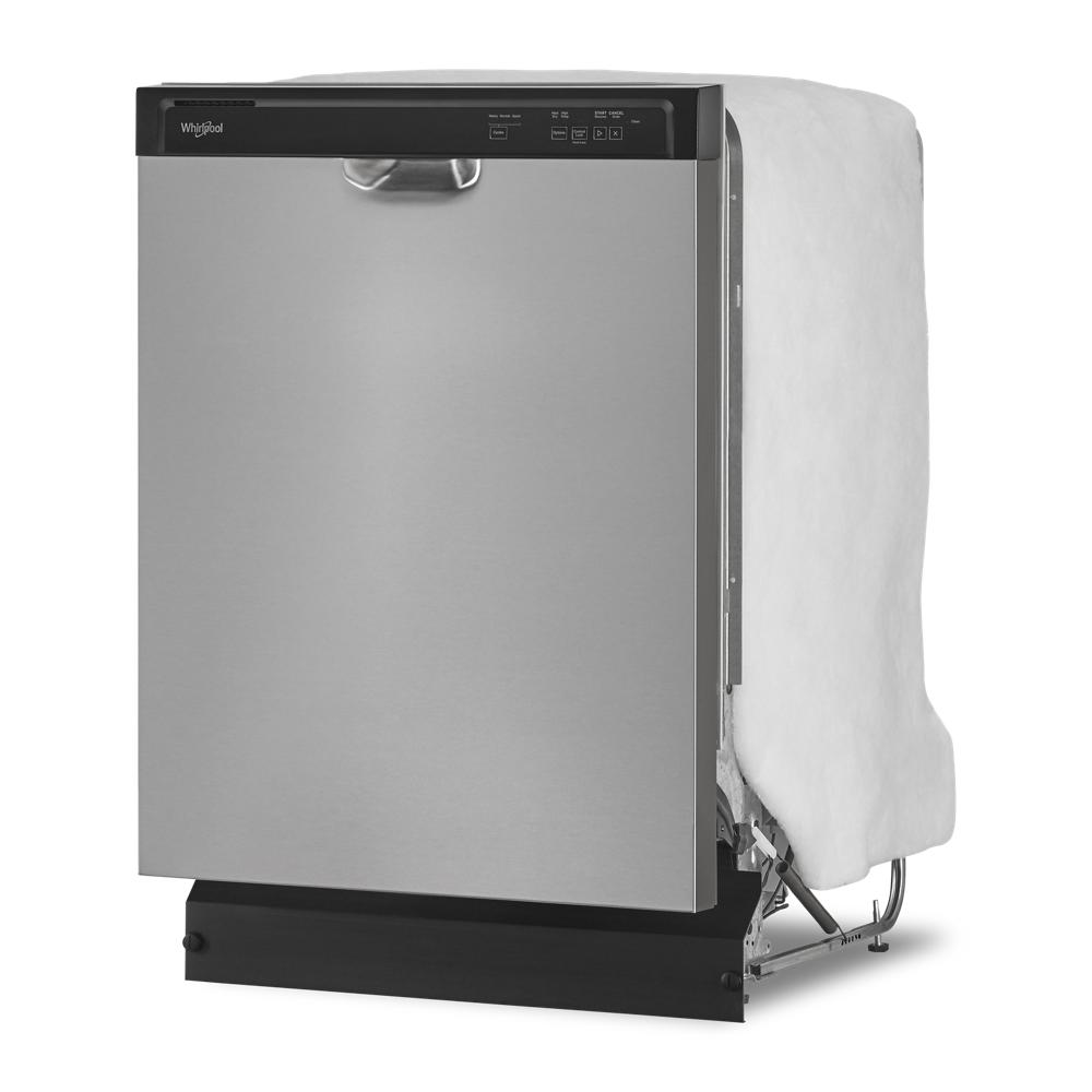 An open dishwasher with clean dishes